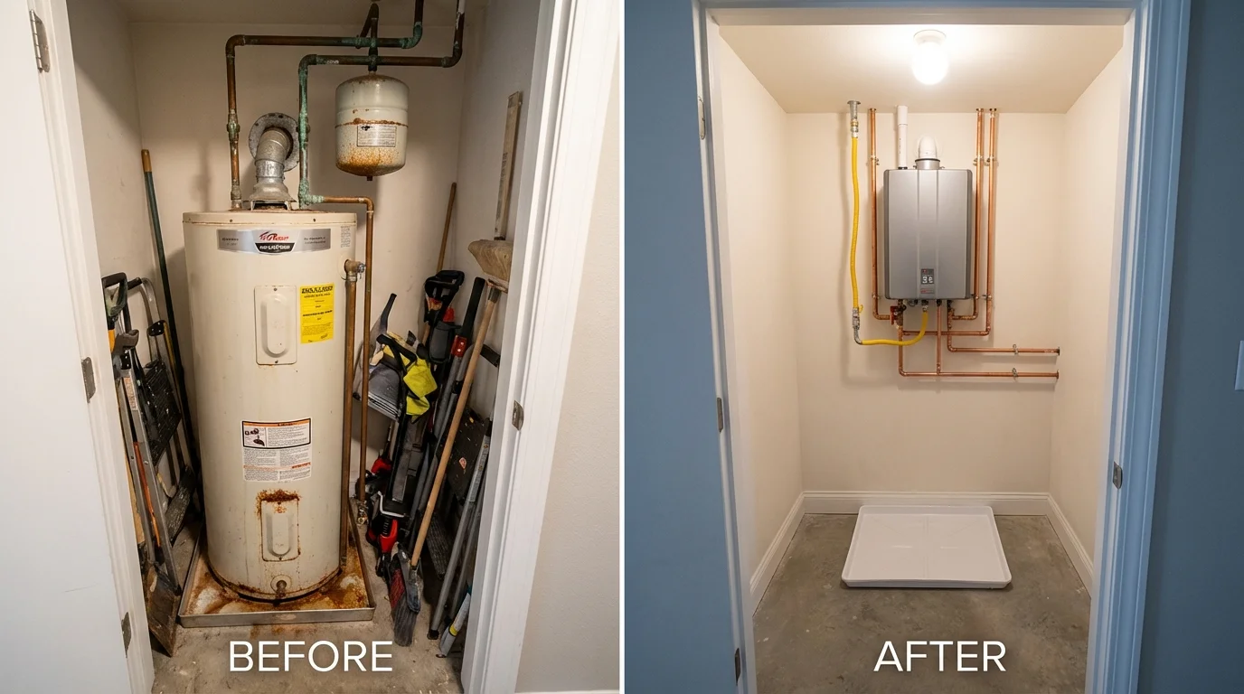 Tank water heater versus wall-mounted tankless unit comparison for Leavenworth, KS homeowners