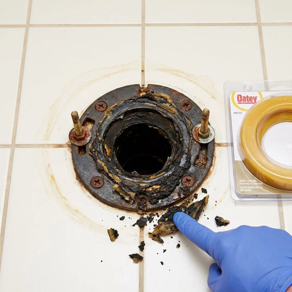 Failed wax ring showing water seepage at the base of a toilet in a Leavenworth, KS home