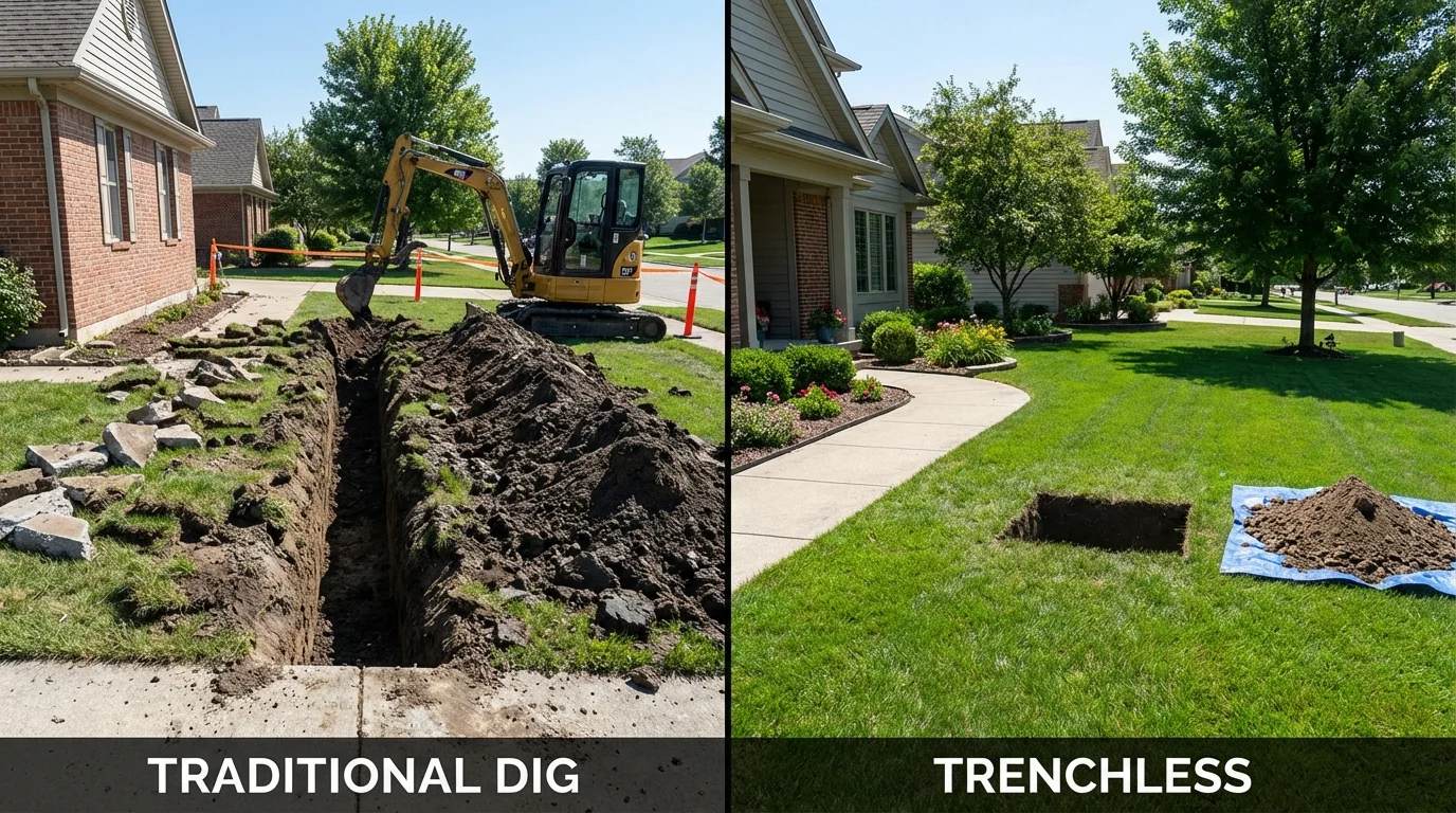 Trenchless sewer repair with minimal yard damage versus traditional excavation in Leavenworth, KS