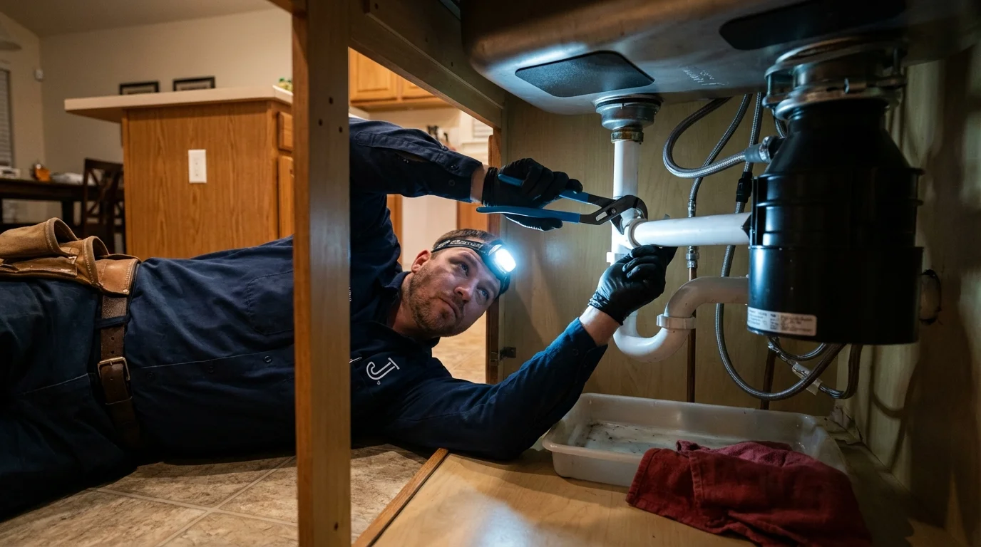 P-trap and supply line connections under a kitchen sink showing a common leak point in Leavenworth, KS
